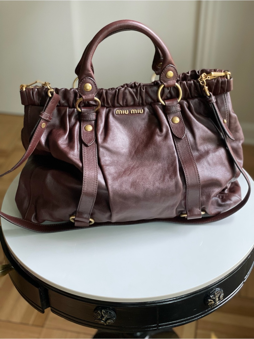 Authentic Miu Miu Vitello Lux Leather Satchel Tote Bag Brown